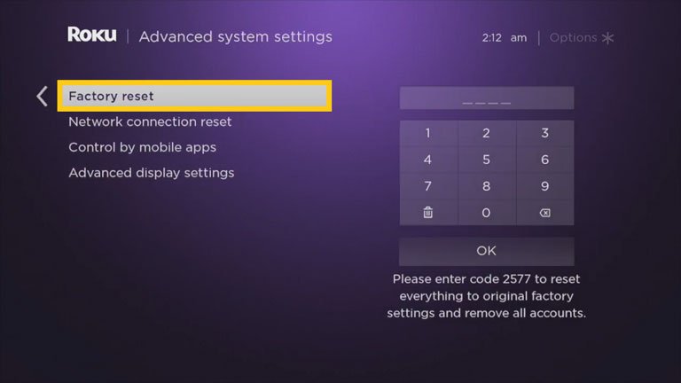 Click on Factory Reset