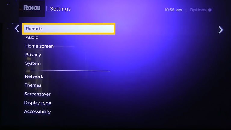 Select remote option in the Roku settings Select remote option in the Roku settings