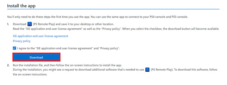 Click on Download to Install PS Remote Play